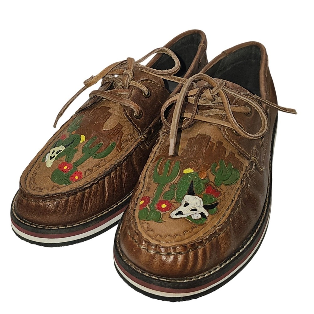Roper Womens Brown Leather Desert Cactus Skull Boat Shoes Loafers Sz 10 - Picture 5 of 12